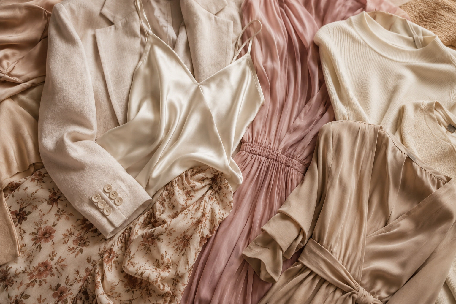 Cream and blush women's clothing laid flat, part of the Naybia edit.